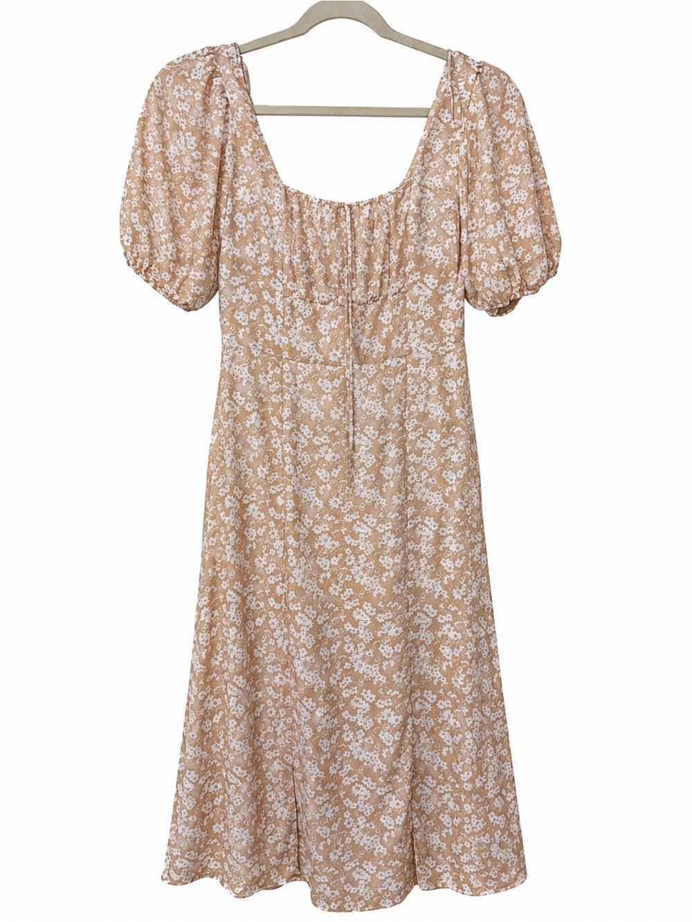 Sienna Sky Beige Floral Puff-Sleeve Midi Dress with White Print
